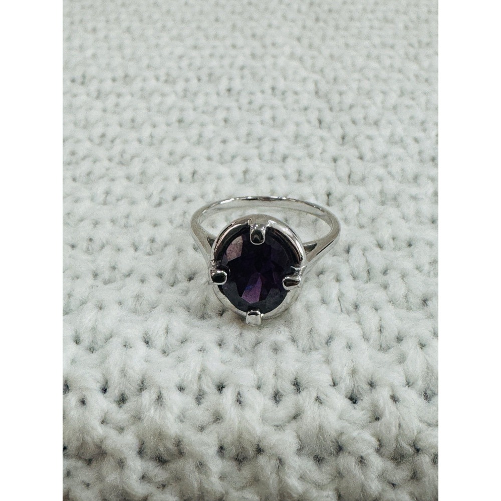 925 Sterling Silver Purple Amethyst Oval Solitaire Statement Ring Size 7
